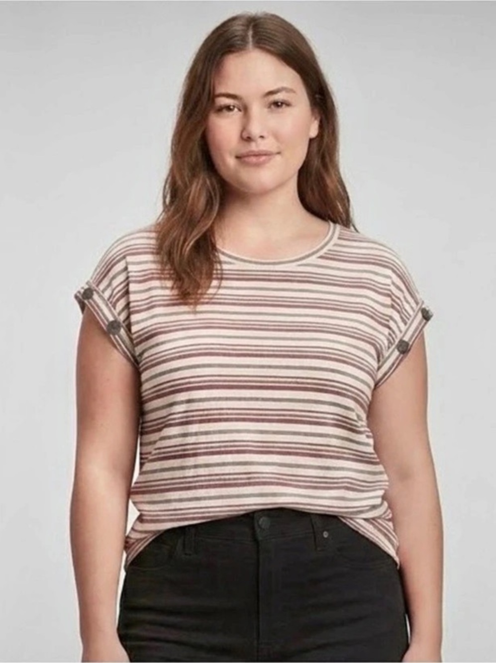 Liverpool Striped Short Sleeve Top in White & Red Size Large